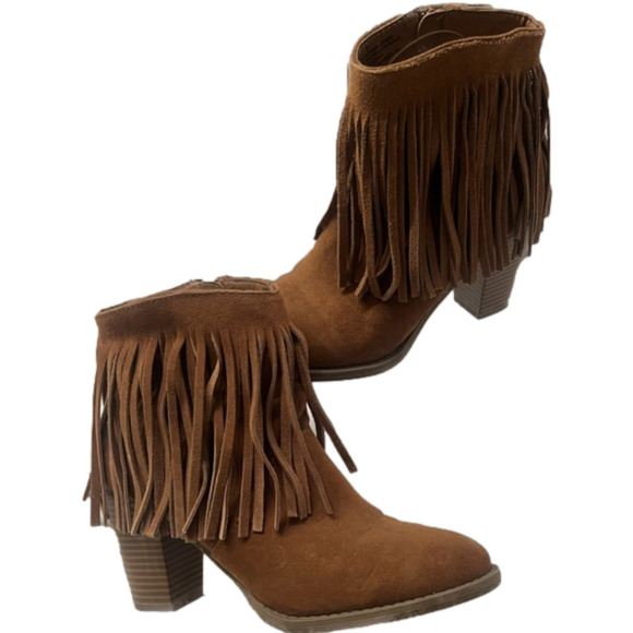 Mossimo fringe tassels size 8 heeled ankle boots zip faux suede western boho - Picture 3 of 7